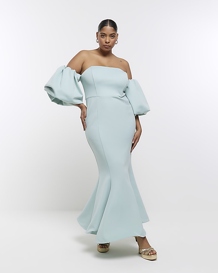 Plus blue puff sleeve bardot maxi dress