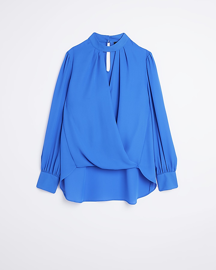 Blue wrap long sleeve blouse