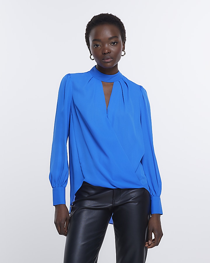 Blue wrap long sleeve blouse | River Island