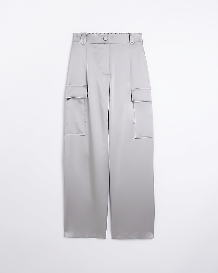 Silver satin wide leg cargo trousers