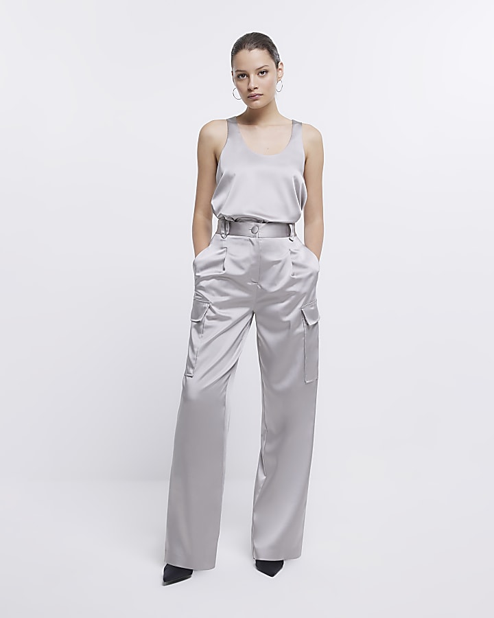 Silver satin wide leg cargo trousers