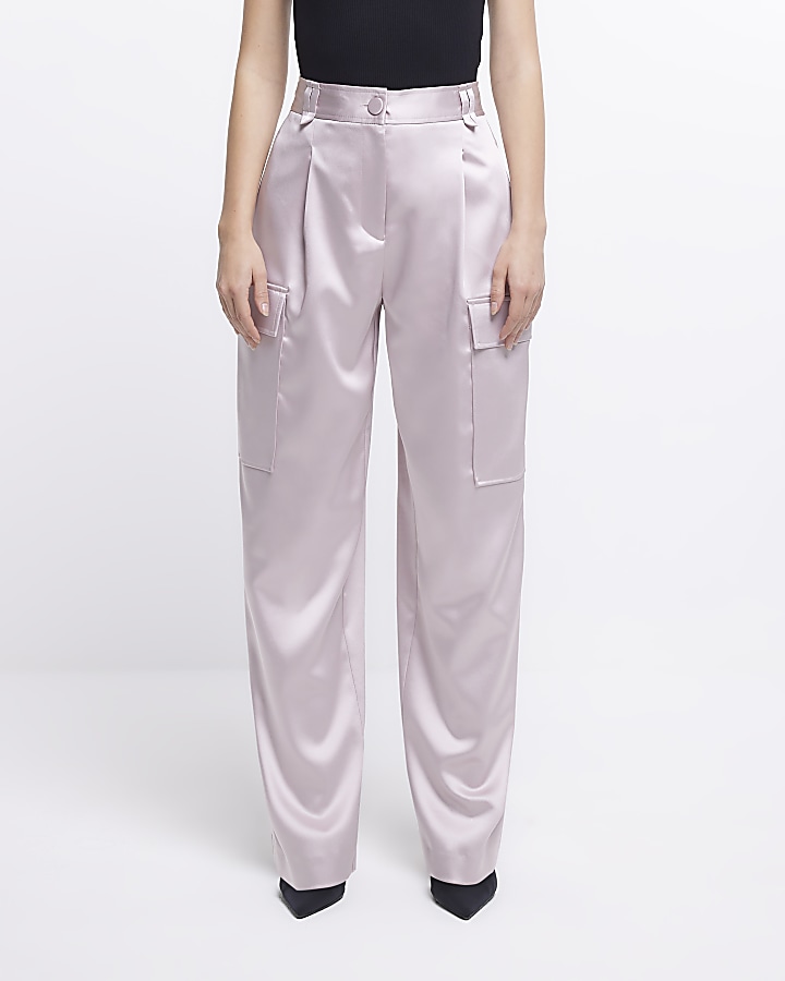 Pink satin wide leg cargo trousers