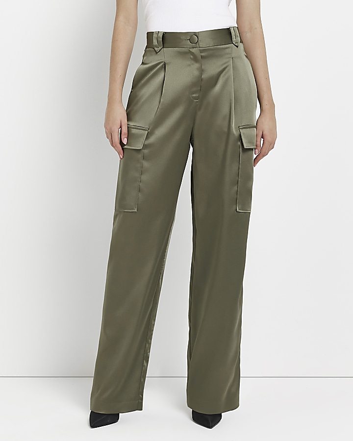 Khaki satin wide leg cargo trousers