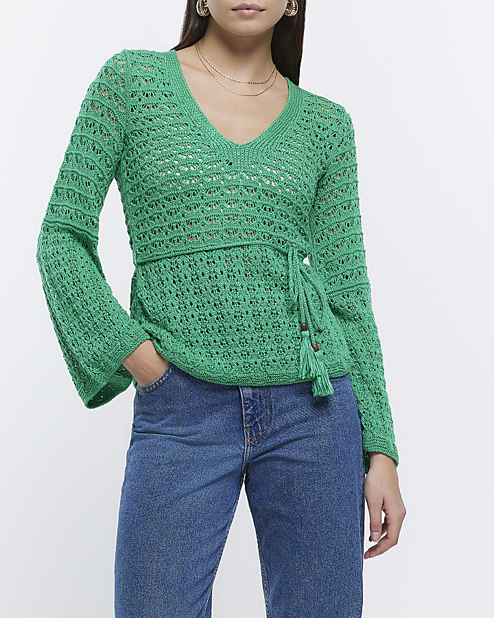 Green crochet belted top