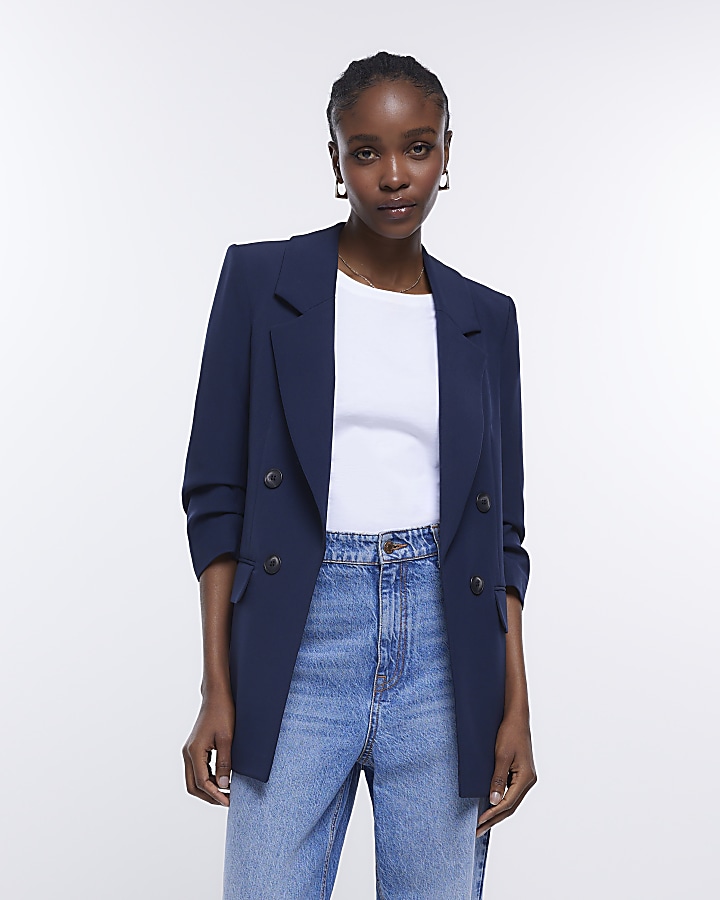 Navy ruched shop sleeve blazer