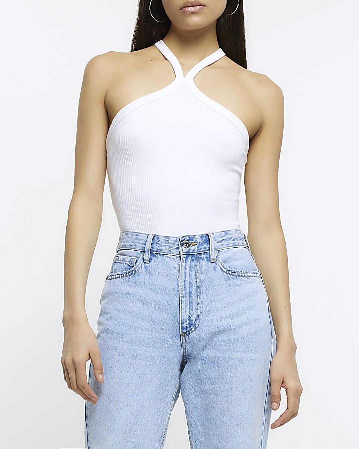 White sleeveless halter neck top