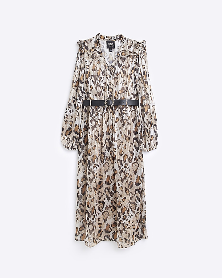 Brown leopard print long sleeve midi dress