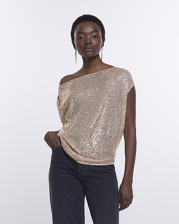 Rose Gold Off Shoulder Sequin Blouse