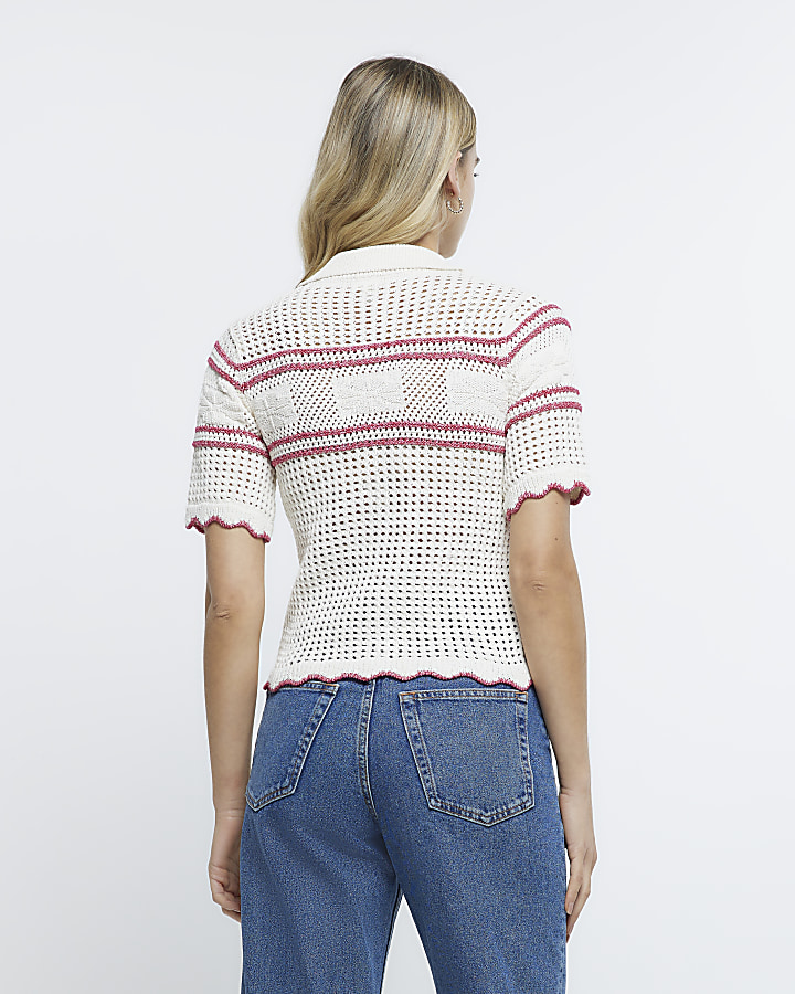 Cream crochet stripe polo t-shirt