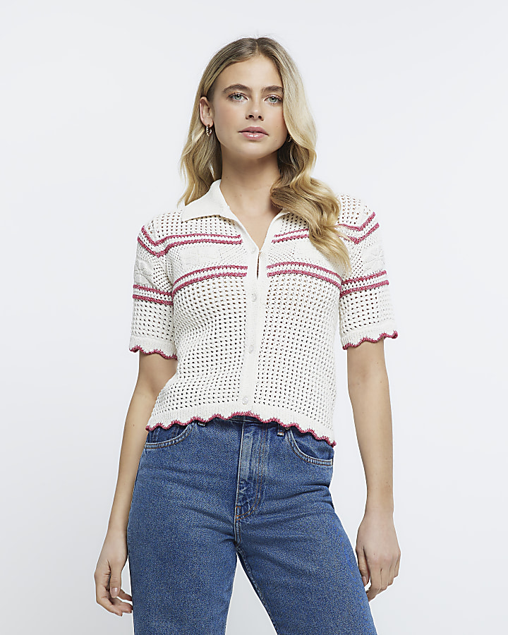 Cream crochet stripe polo t-shirt
