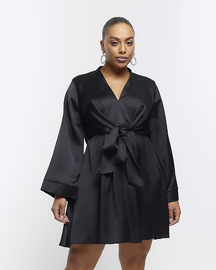 Black Wrap Front Satin Maxi Dress