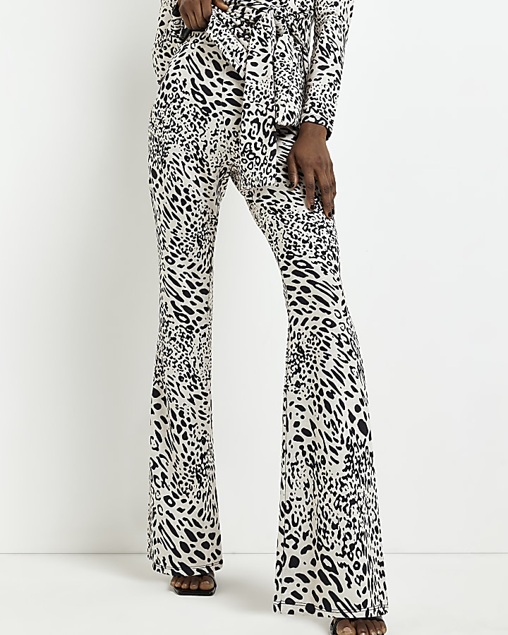 Black jacquard leopard print flare trousers