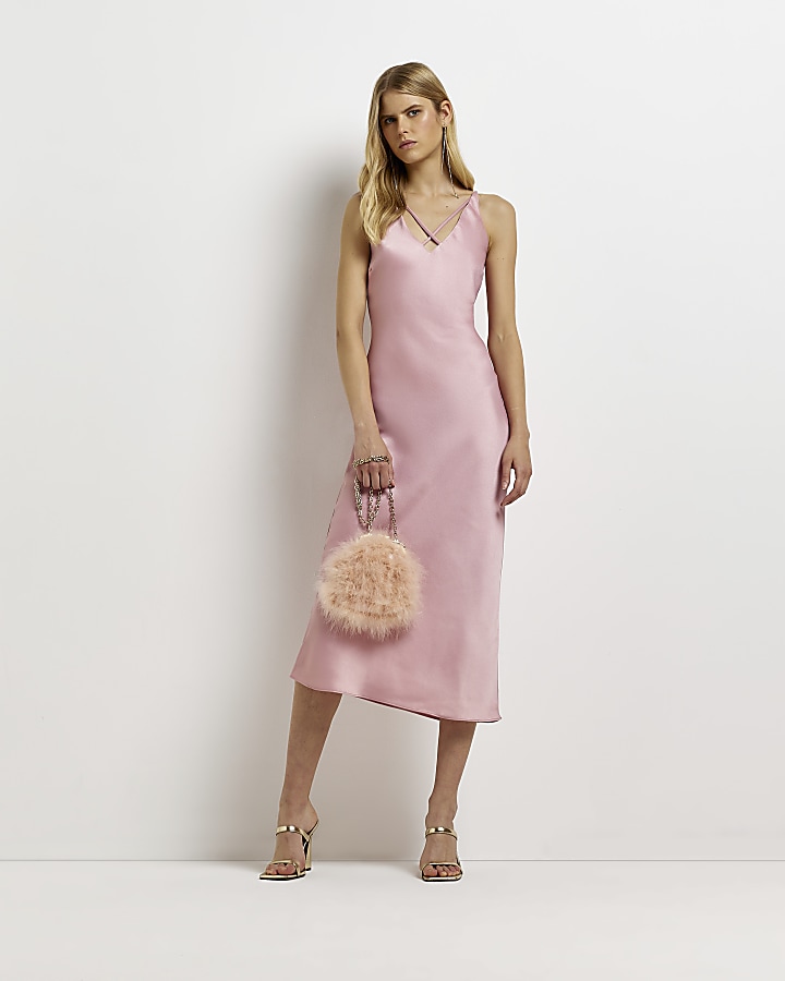 Pink satin slip midi dress