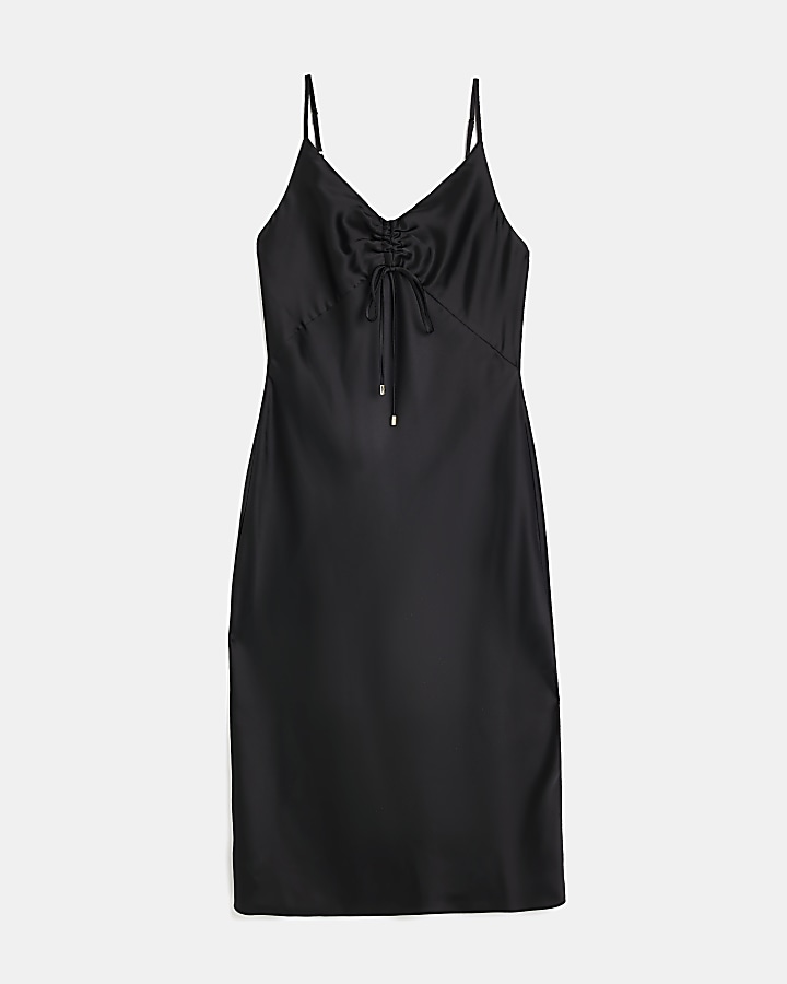 Black satin ruched slip midi dress River Island