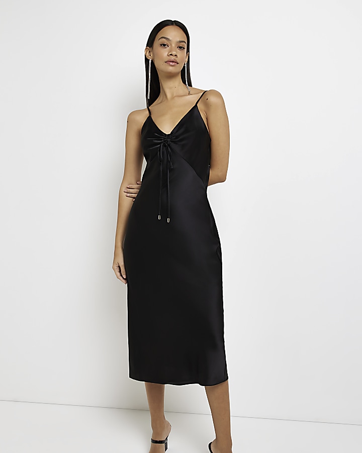 Black satin ruched slip midi dress