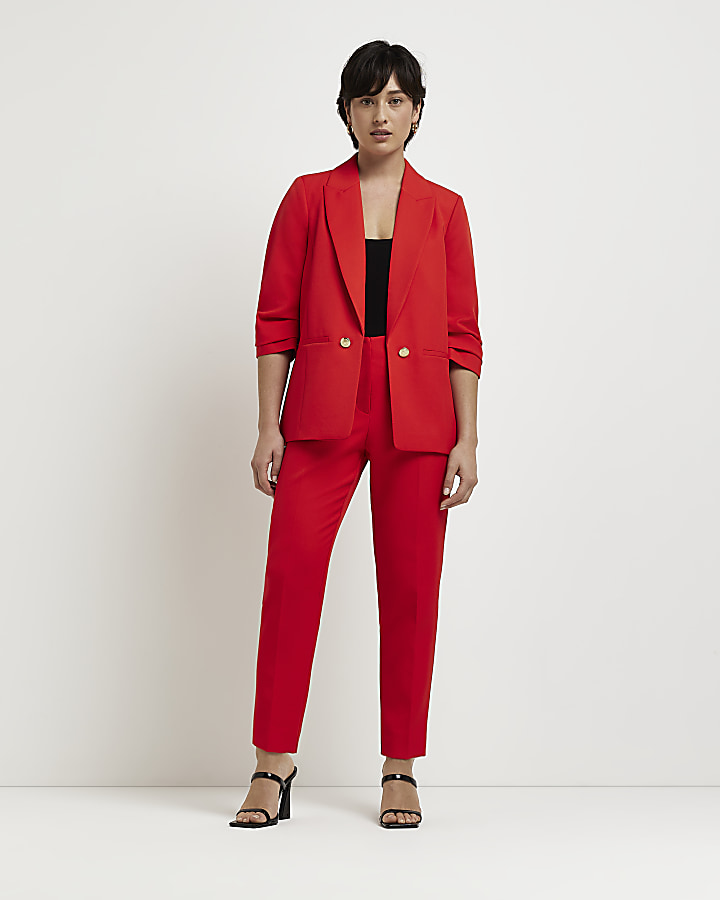 Petite red ruched sleeve blazer | River Island