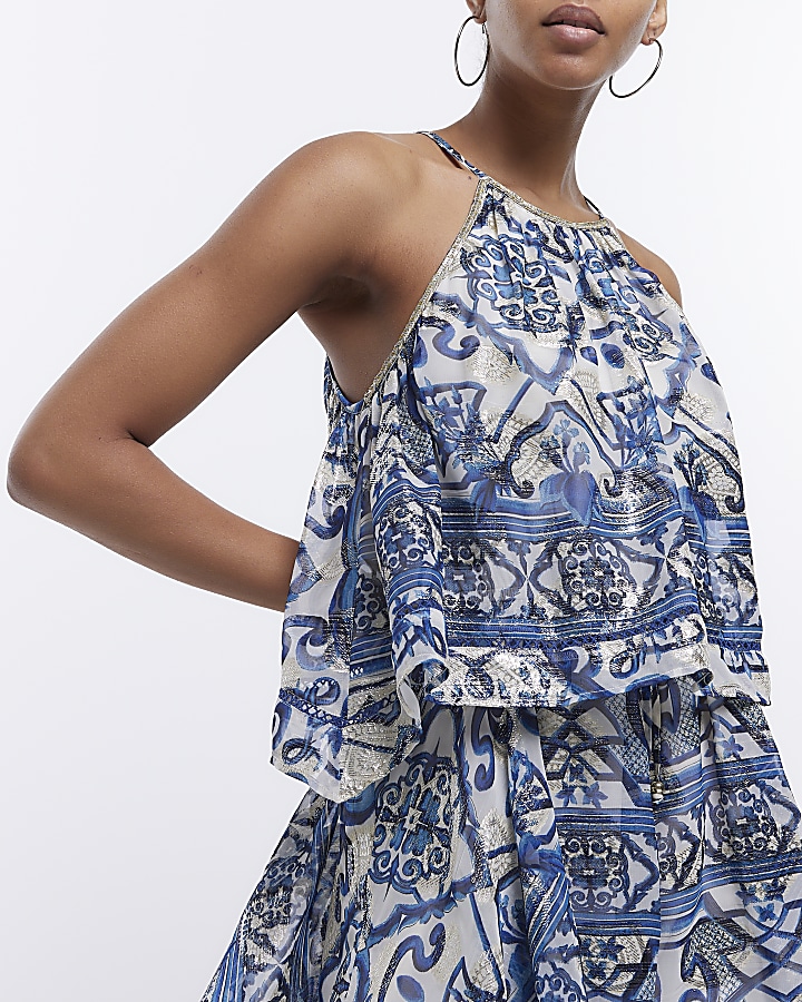 Blue tile print tiered playsuit
