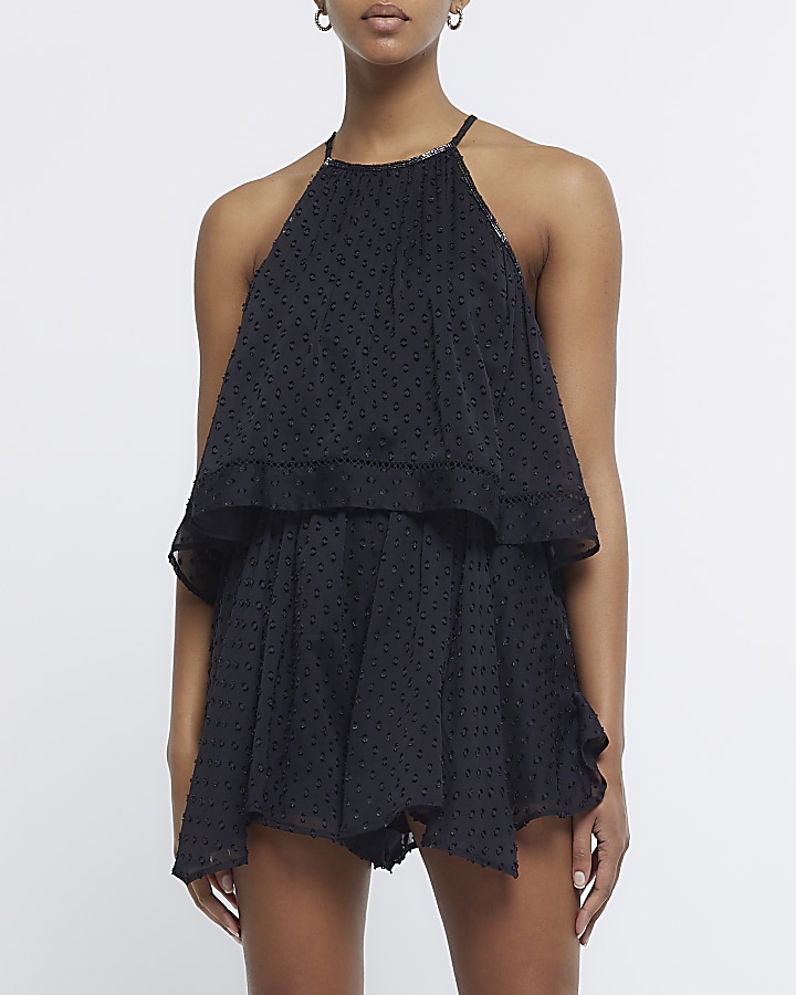 Black embellished layered playsuit