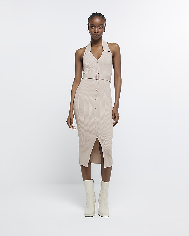 Beige ribbed 2024 midi dress