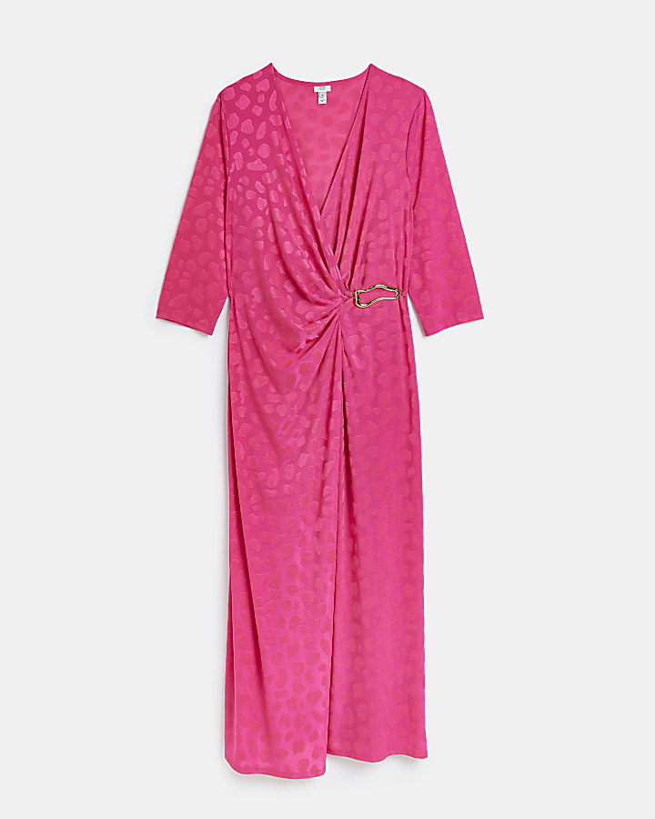 Plus pink animal print wrap midi dress