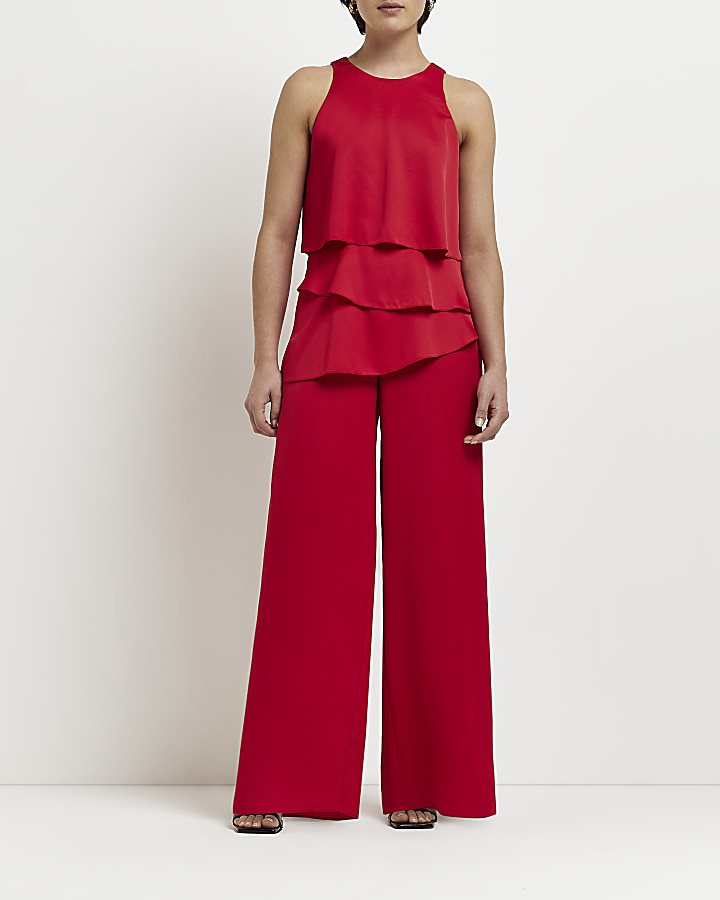 Petite red layered jumpsuit