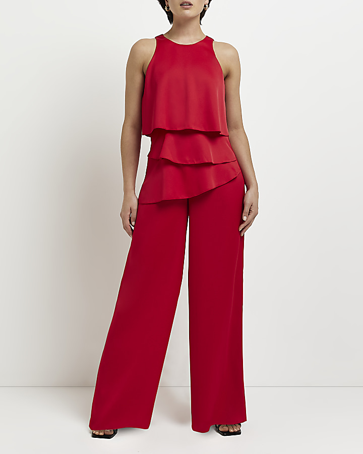 Petite red layered jumpsuit