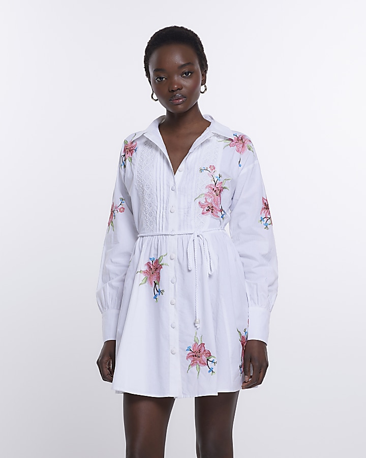 White embroidered floral mini shirt dress