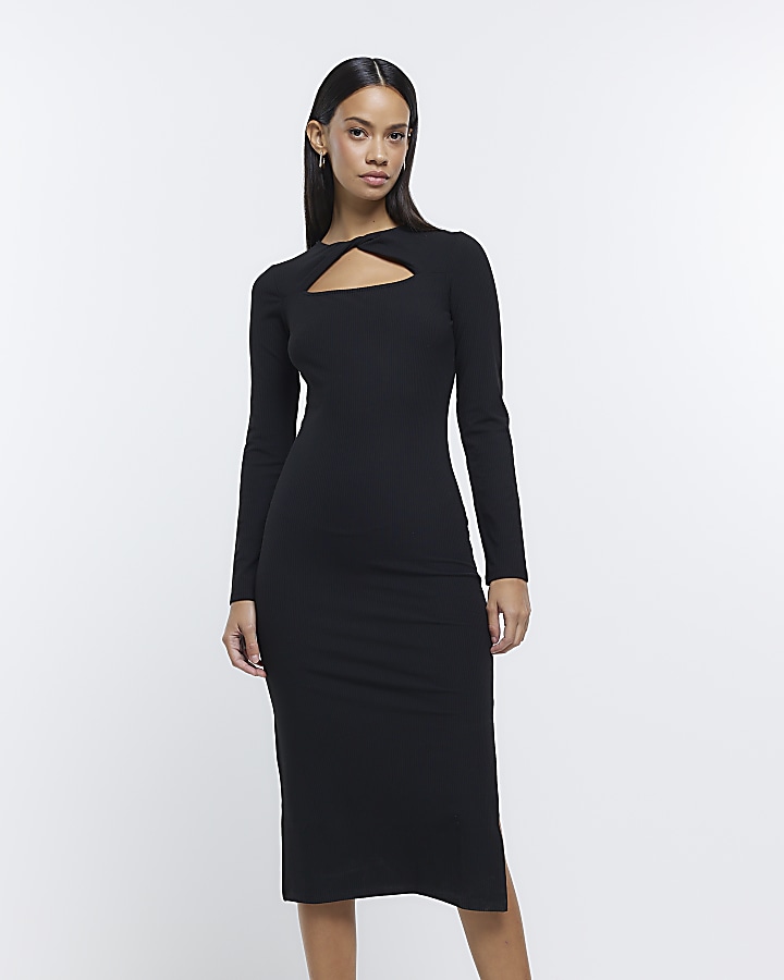Black Long Sleeve Bodycon Midi Dress River Island