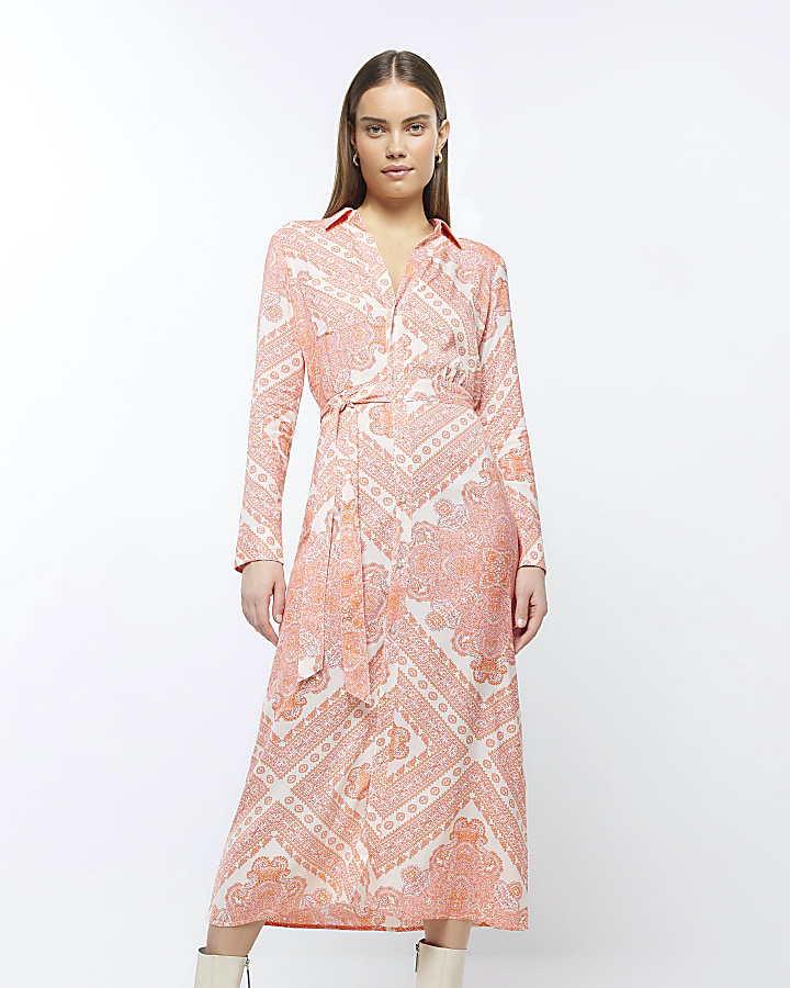 Pink Paisley Long Sleeve Midi Shirt Dress