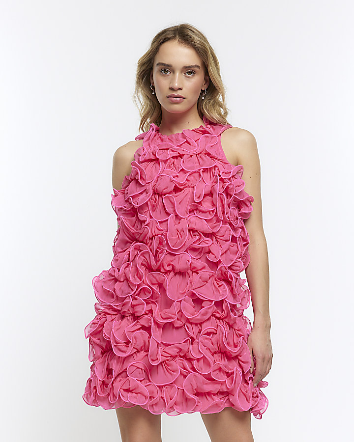 Pink ruffle detail shift mini dress