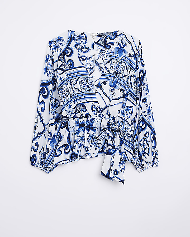Blue patterned wrap top