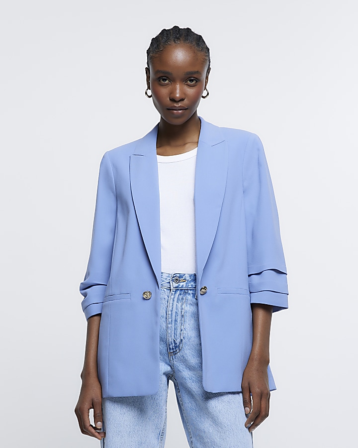 Blue ruched sleeve blazer | River Island