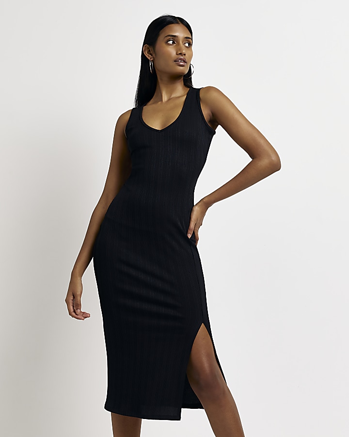 Black sleeveless bodycon midi dress | River Island