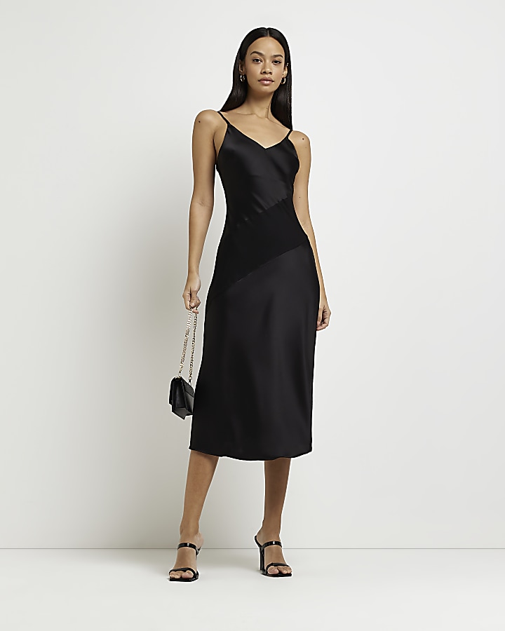 Black satin slip midi dress