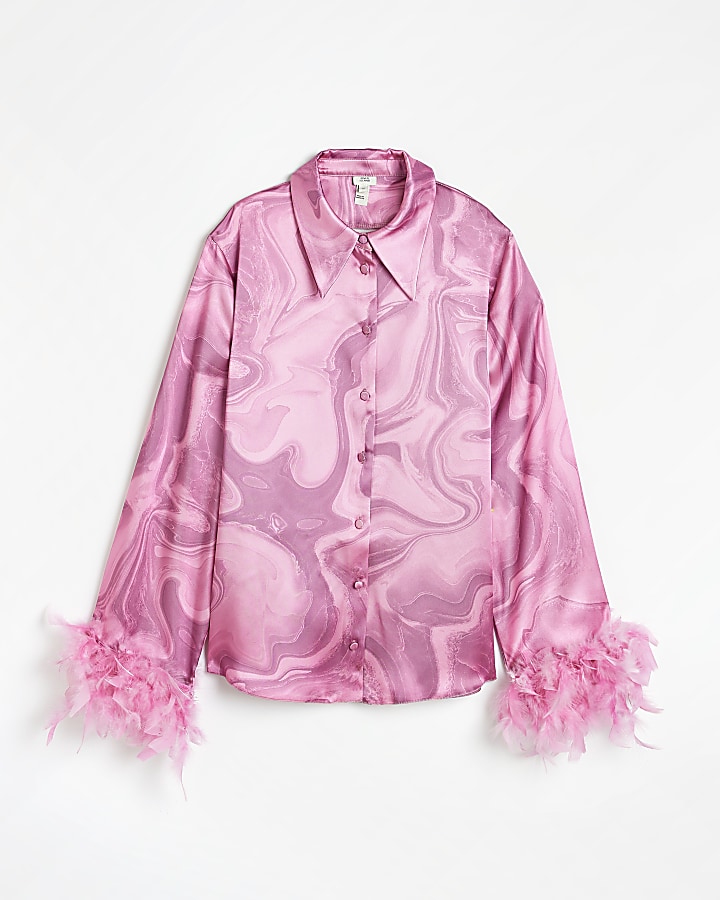 Pink satin printed feather cuff shirt