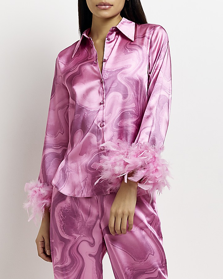 Pink satin printed feather cuff shirt