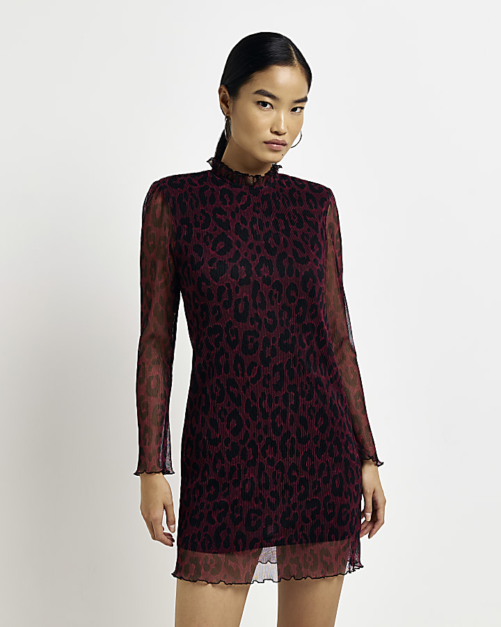 Red animal print plisse bodycon mini dress