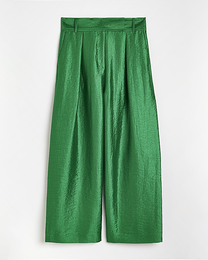 Petite green satin wide leg trousers