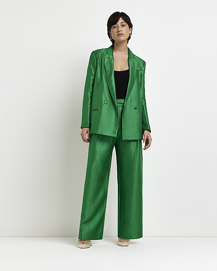 Petite green satin wide leg trousers | River Island