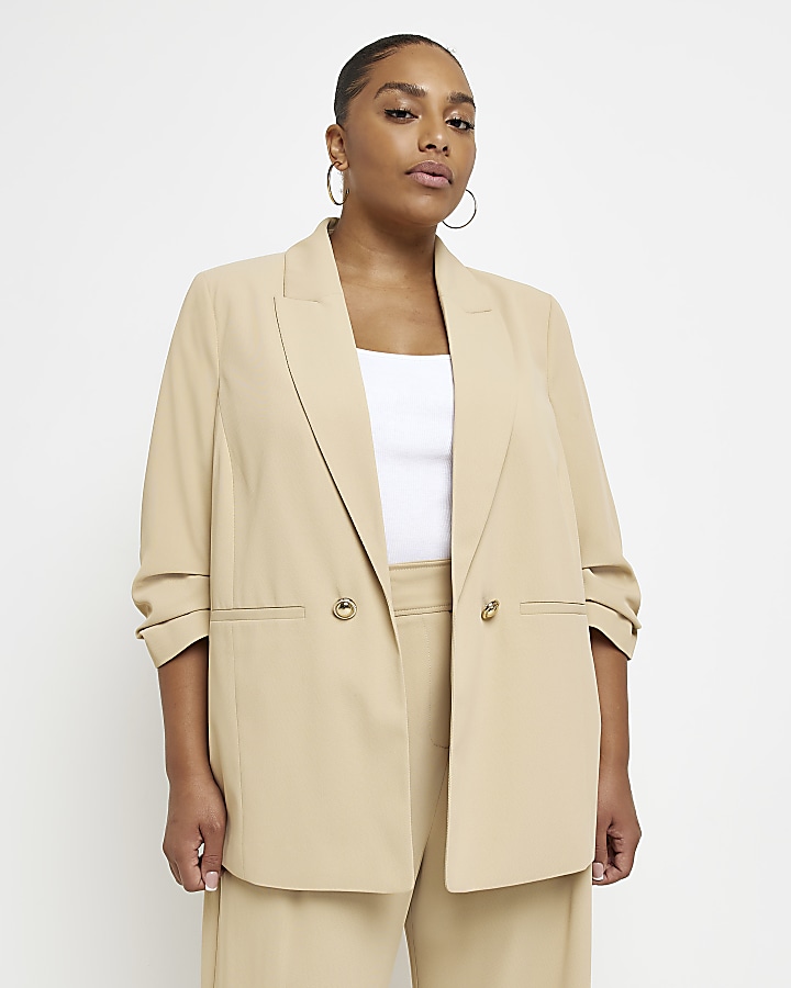 Plus beige ruched sleeve blazer