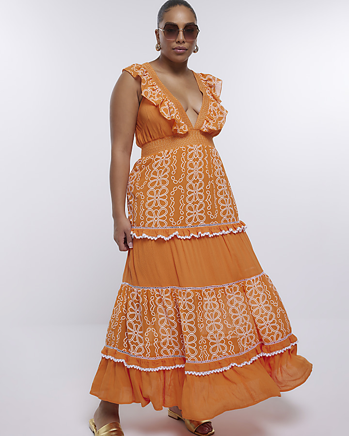 Plus orange embroidered frill maxi dress