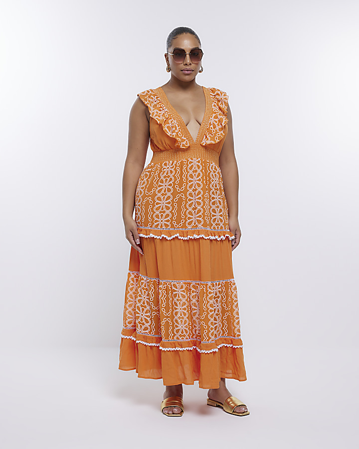 Plus orange embroidered frill maxi dress | River Island