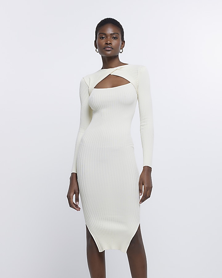 Cream knit cut out bodycon midi dress