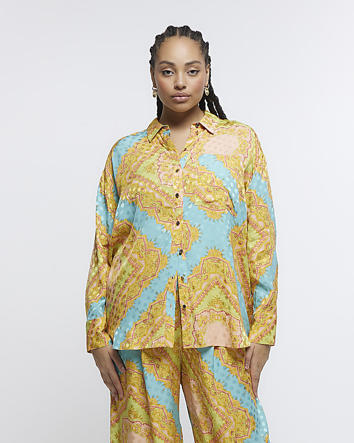 Plus yellow print long sleeve shirt