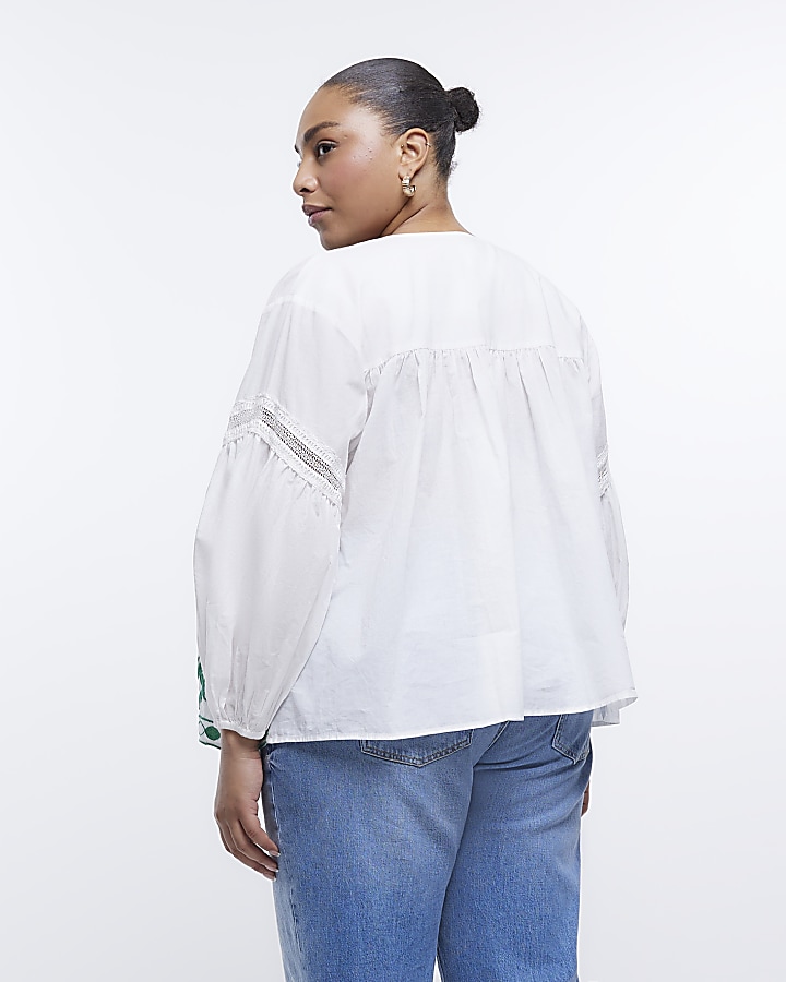 Plus white embroidered smock top