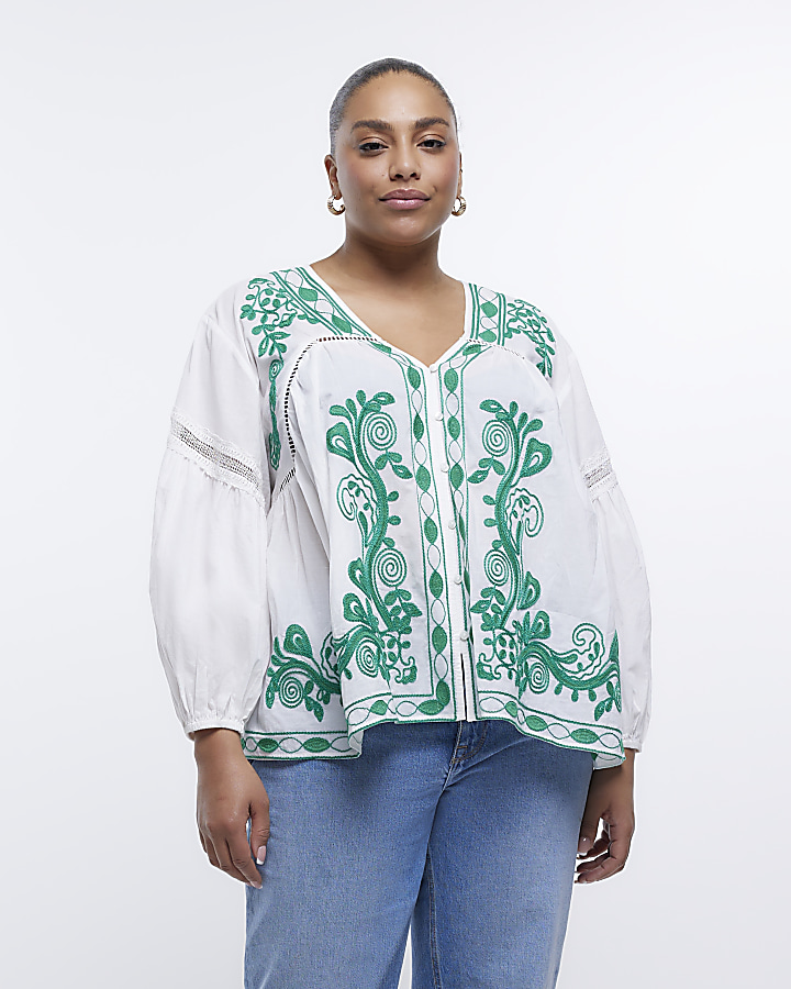 Plus white embroidered smock top