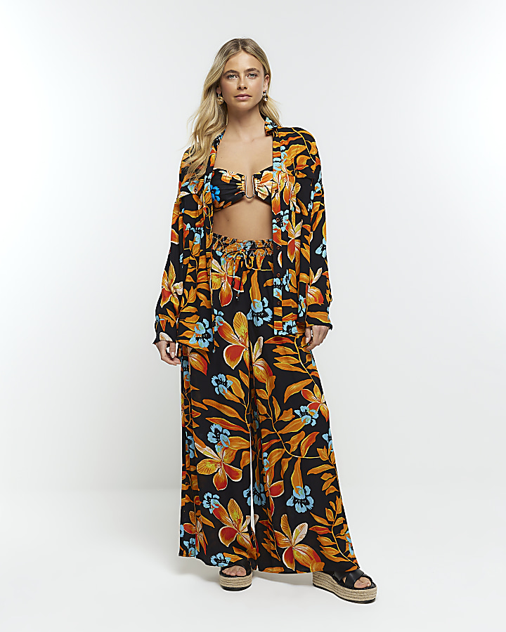 Black floral 2024 wide leg trousers