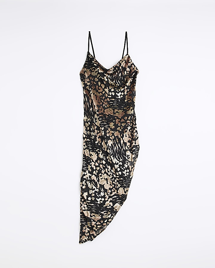 Black leopard print cowl neck maxi dress