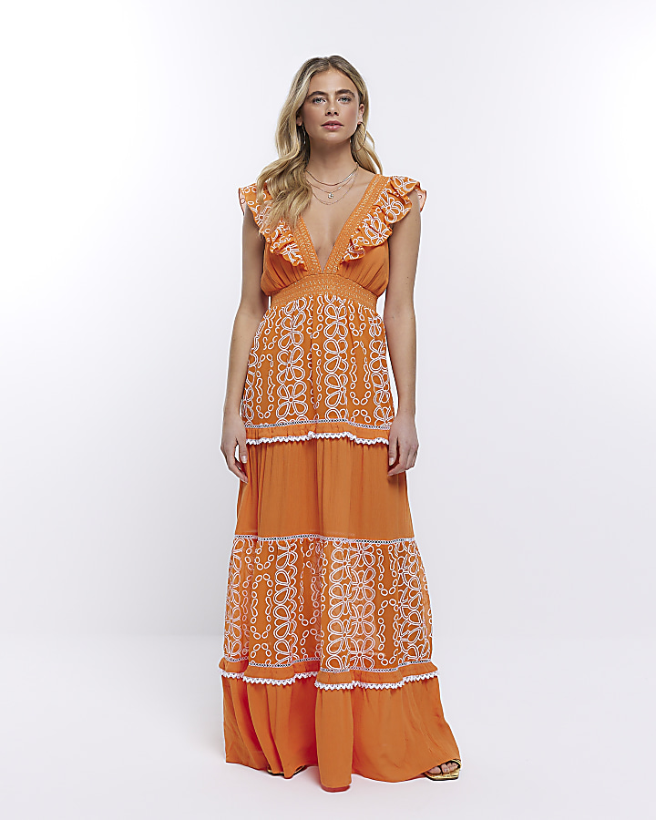 Orange floral frill detail beach maxi dress