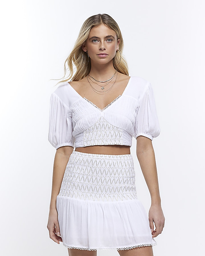 White shirred puff sleeve crop top